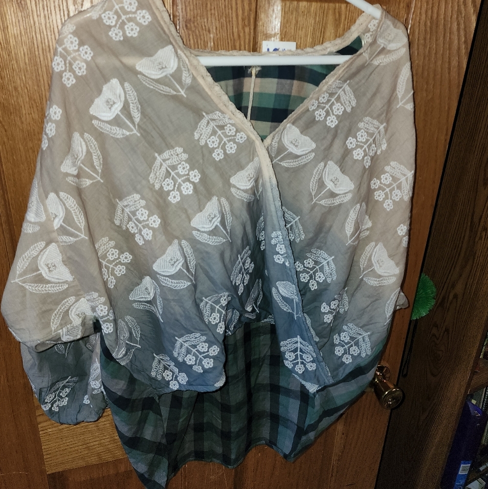 New LOVESTITCH Embroidery Floral Plaid Wrap Blouse Ombre Boho Balloon Sleeves